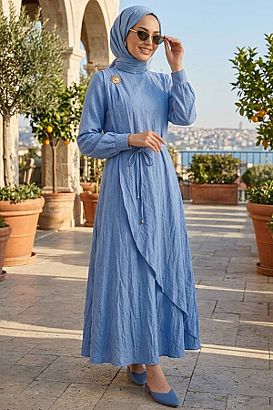 Tie Belt Blue Modest Dress 20162M - 