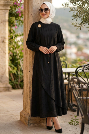 Tie Belt Black Modest Dress 20162S - 