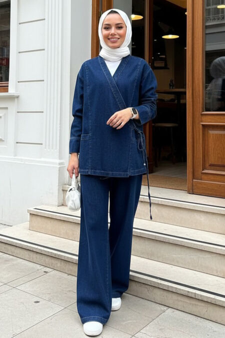 Jacket Navy Blue Modest Denim Two-Piece Set 19048L - 