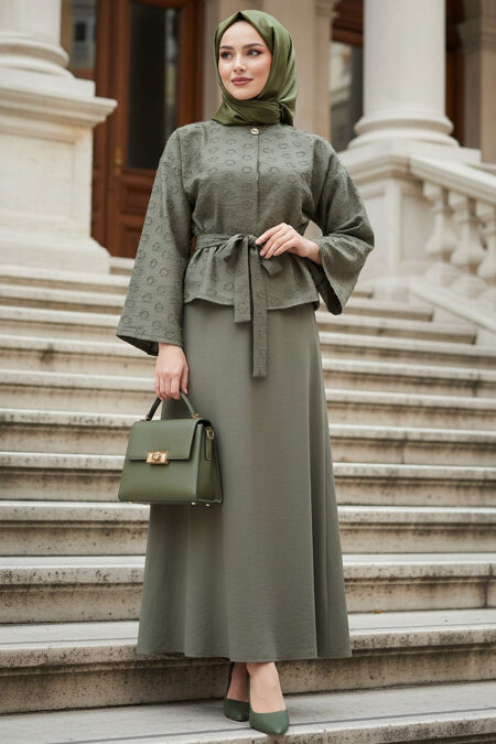 Jacquard Belted Almond Green Modest Two-Piece Set 22026CY - 