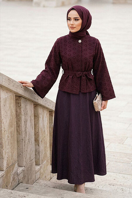 Jacquard Belted Cherry Modest Two-Piece Set 22026VSN - 