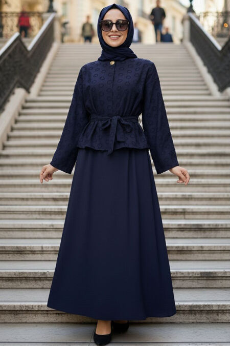 Jacquard Belted Navy Blue Modest Two-Piece Set 22026L - 