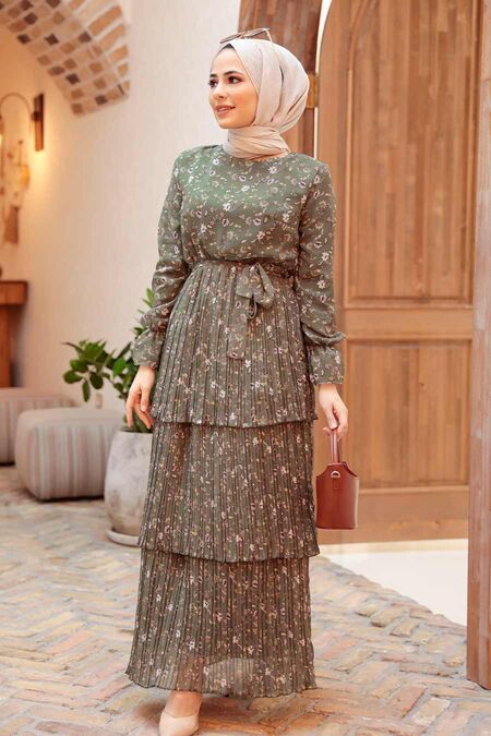 Khaki Hijab Dress 3360HK - NEVA STYLE