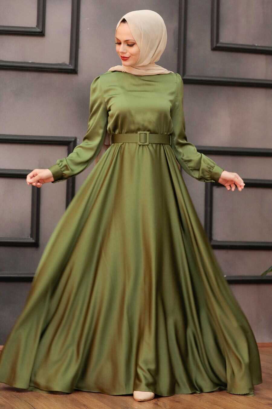 Satin Khaki Islamic Evening Gown 28890HK - Neva-style.com