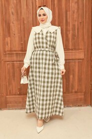 Khaki Hijab Gilet Dress 22922HK - 2