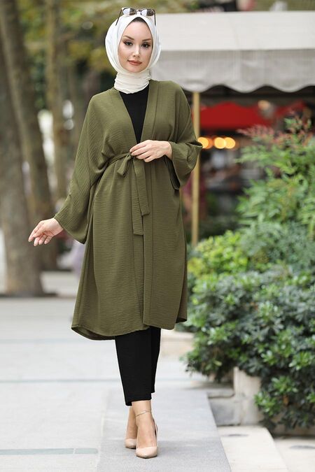 Khaki Hijab Kimono 40930HK - NEVA STYLE