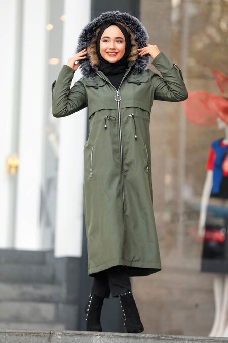 Khaki Hijab Parka Coat 6605HK - NEVA STYLE