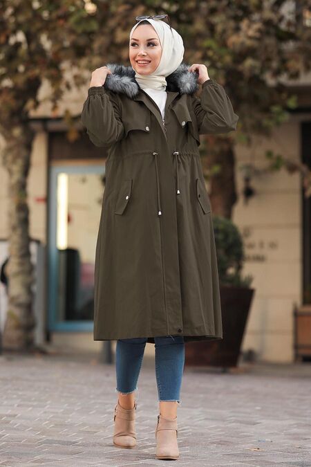 Khaki Hijab Parka Coat 9066HK - NEVA STYLE