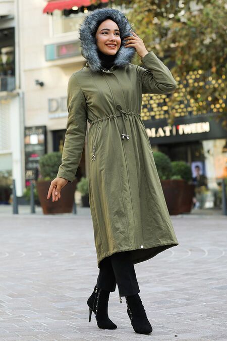 Khaki Hijab Parka Coat 9068HK - NEVA STYLE