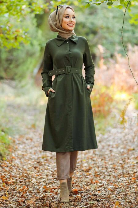 Khaki Hijab Trench Coat 88640HK - NEVA STYLE