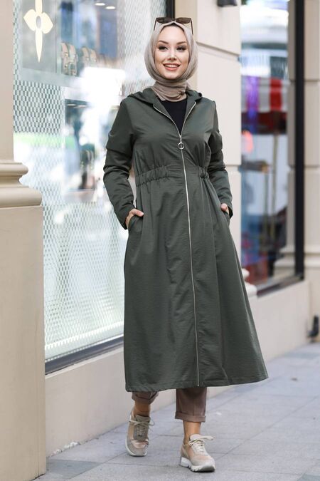Khaki Hijab Trenchcoat 8895HK - NEVA STYLE