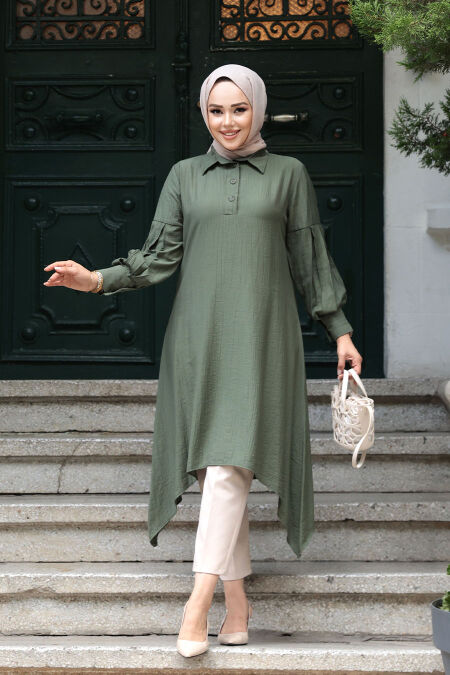Khaki Islamic Clothing Tunic 615HK - NEVA STYLE