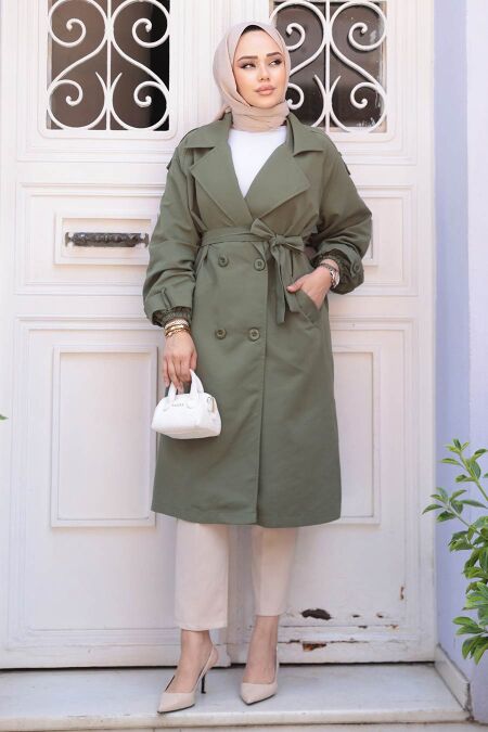 Khaki Modest Coat 62181HK - NEVA STYLE