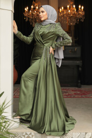 Khaki Modest Long Satin Dress 43381HK - 2