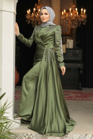 Khaki Modest Long Satin Dress 43381HK - 3