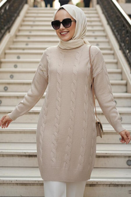 Knit Detailed Beige Modest Knit Sweater 60051BEJ - 