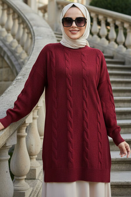 Knit Detailed Claret Red Modest Knit Sweater 60051BR - 