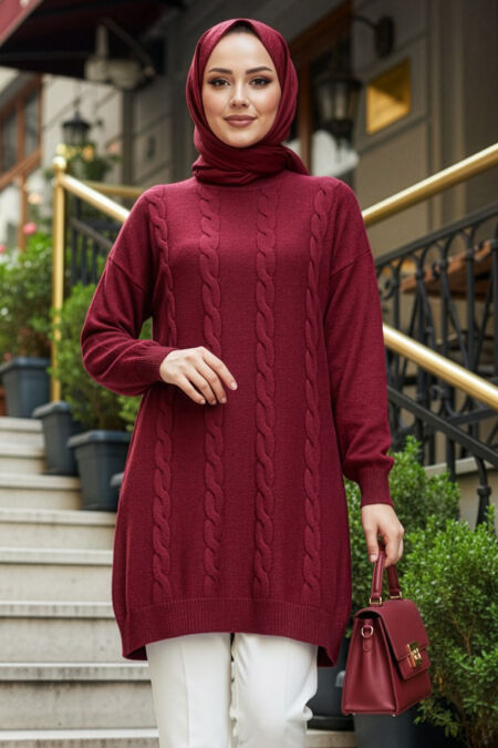 Knit Detailed Dark Claret Red Modest Knit Sweater 60051KBR - 