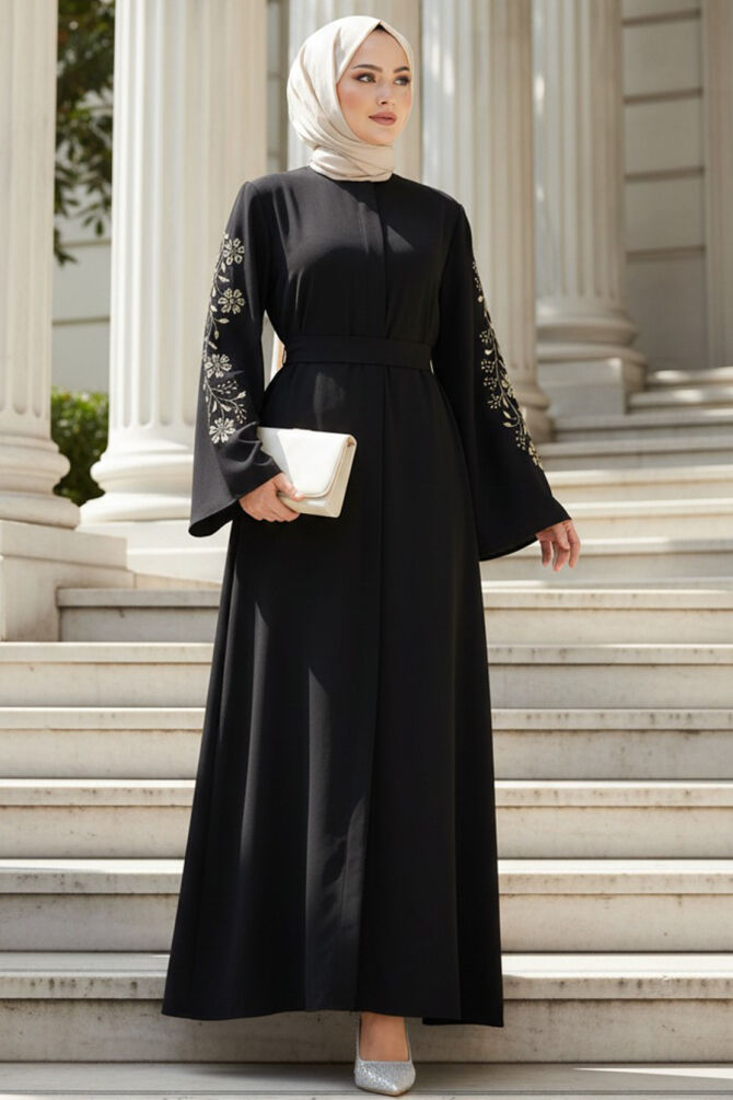 Patterned Sleeve Black Modest Abaya 60013S - 