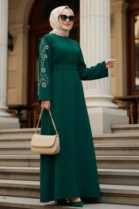 Patterned Sleeve Green Modest Abaya 60013Y - 
