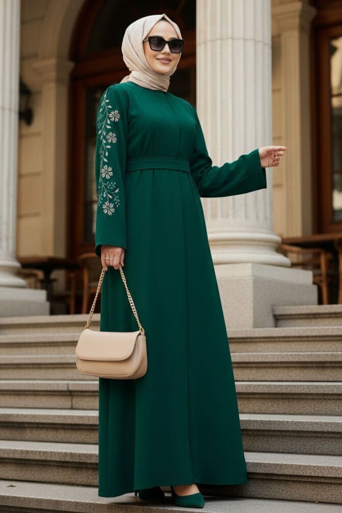 Patterned Sleeve Green Modest Abaya 60013Y - 