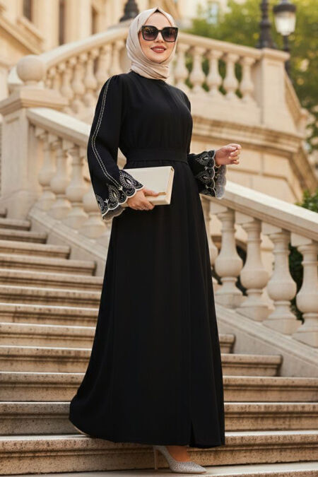 Sleeve Detail Black Modest Abaya 60063S - 