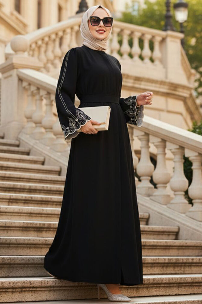 Sleeve Detail Black Modest Abaya 60063S - 