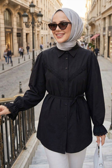 Lace Detail Black Modest Tunic 30341S - 