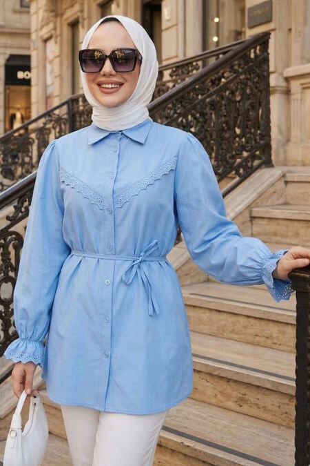 Lace Detail Blue Modest Tunic 30341M - 