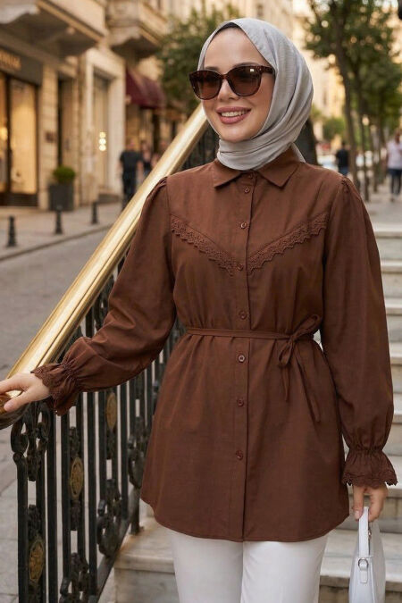 Lace Detail Brown Modest Tunic 30341KH - 