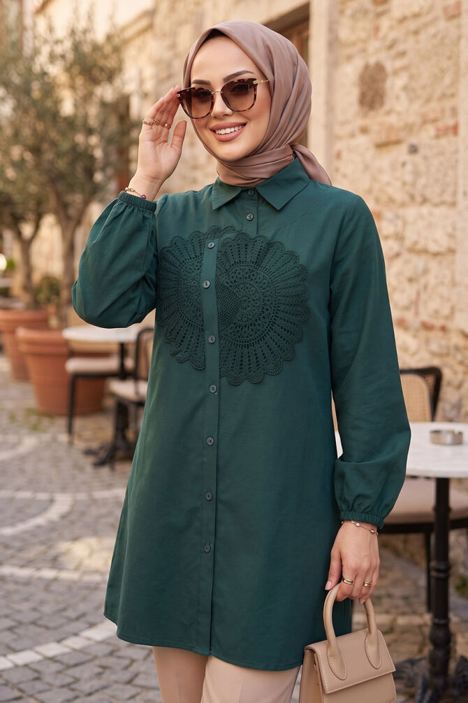 Lace Pattern Detailed Petrol Green Modest Tunic 50381PY - 