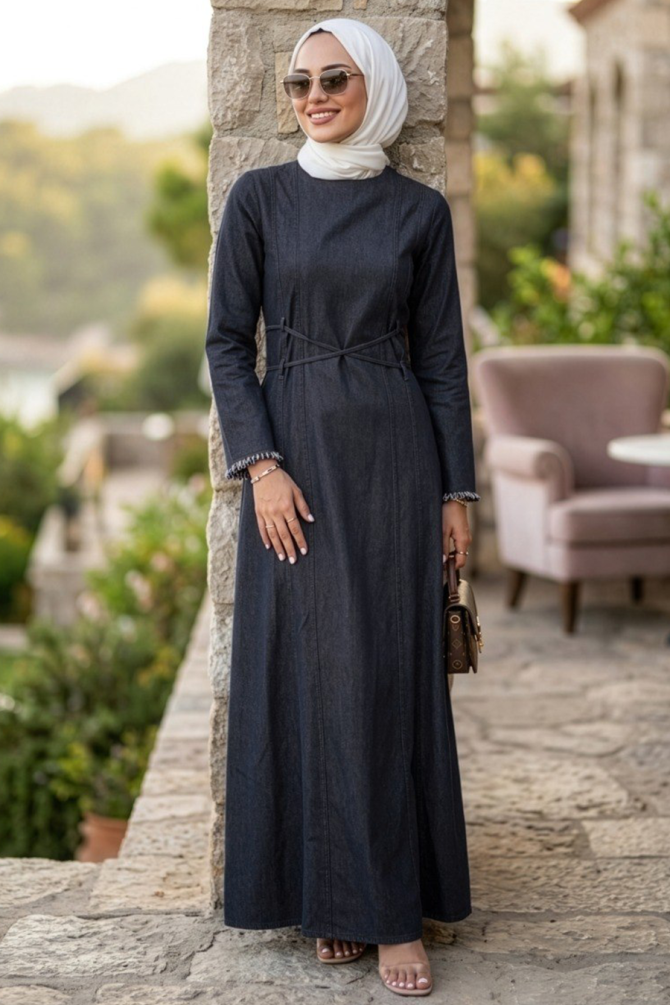 Navy Blue Denim Modest Dress 6289L - 