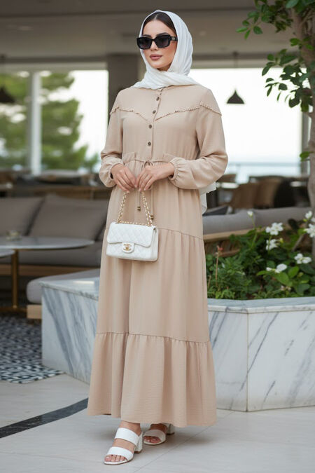 Layer Pleated Beige Modest Dress 10334BEJ - 