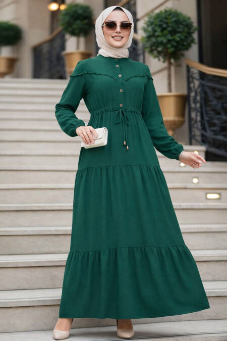 Layer Pleated Dark Green Modest Dress 10334KY - 