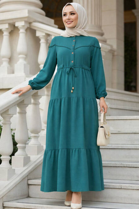 Layer Pleated Dark Mint Modest Dress 10334KMINT - 