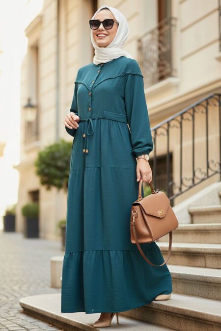 Layer Pleated Dark Petrol Green Modest Dress 10334KPY - 
