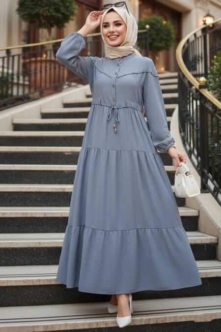 Layer Pleated Grey Modest Dress 10334GR - 