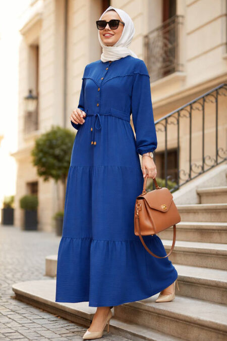 Layer Pleated Indigo Blue Modest Dress 10334IM - 