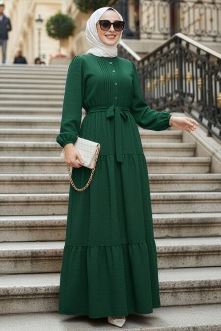 Layered Pleated Dark Green Modest Dress 20207KY - 