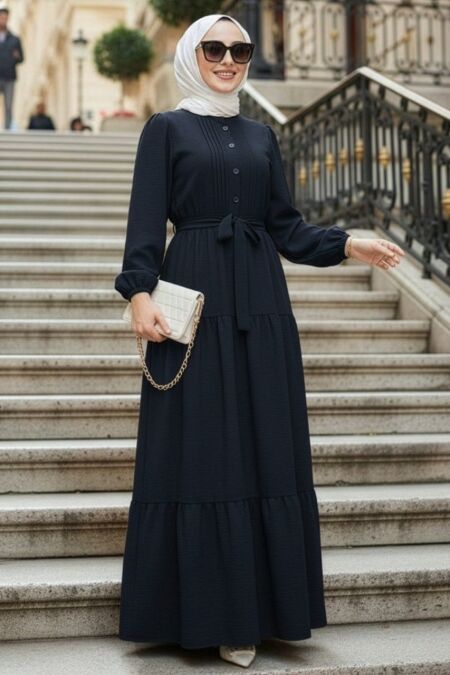 Layered Pleated Navy Modest Dress 20207L - 