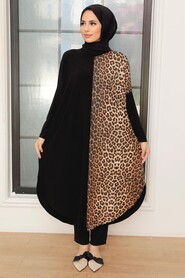 Leopard Patterned Black Hijab Tunic 4968S - 1