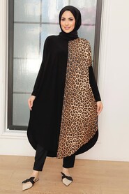 Leopard Patterned Black Hijab Tunic 4968S - 2