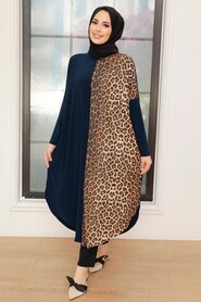 Leopared Patterned Navy Blue Hijab Tunic 4968L - 1