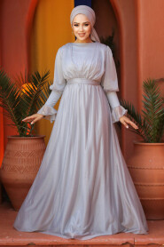 Light Grey Turkish Hijab Bridesmaid Dress 5367AGR - 1