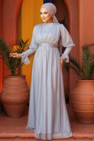 Light Grey Turkish Hijab Bridesmaid Dress 5367AGR - 3