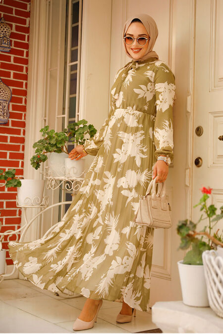 Light Khaki Modest Floral Long Dress 50359AHK - NEVA STYLE