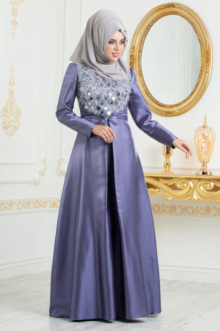  Stylish Dark Lila Modest Islamic Clothing Wedding Dress 3755KLILA - NEVA STYLE
