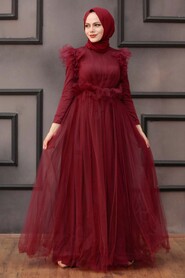 Claret Red Hijab Evening Dress 4067BR - 2
