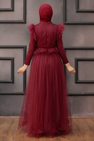 Claret Red Hijab Evening Dress 4067BR - 3