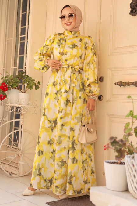 Modest Acidic Yellow Maxi Dress 23423AS - NEVA STYLE